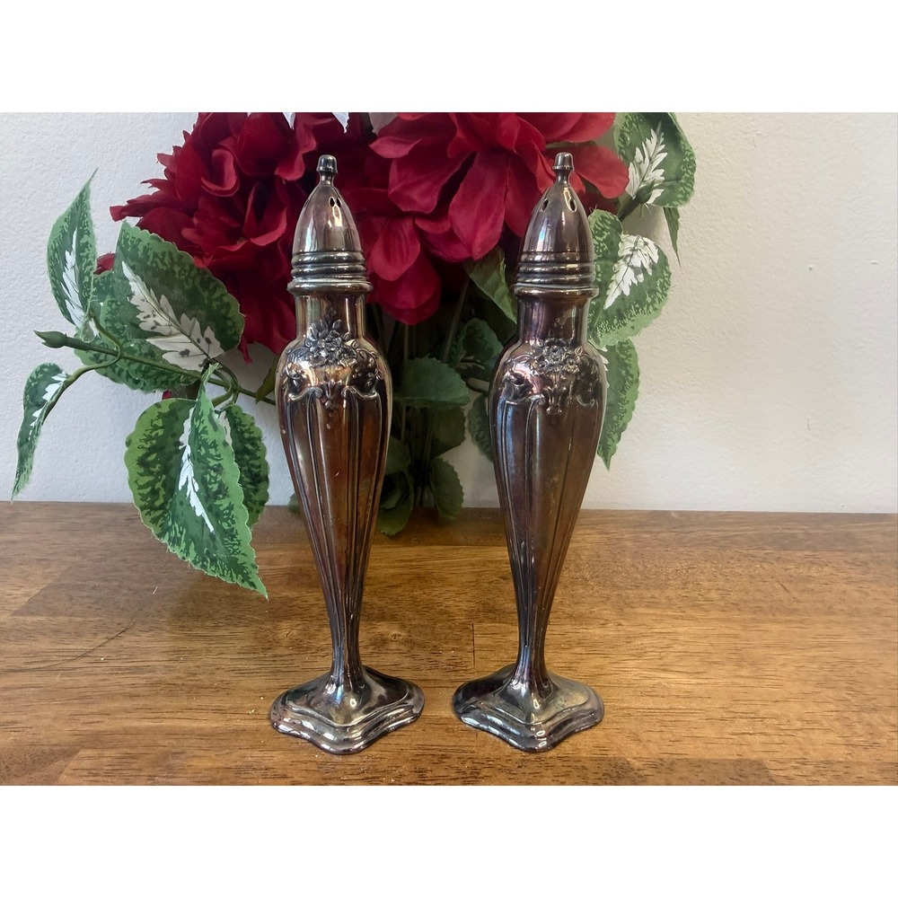 Vintage Silver-Tone Metal Salt Pepper‎ Shakers Floral Tall Art Deco Style Pair